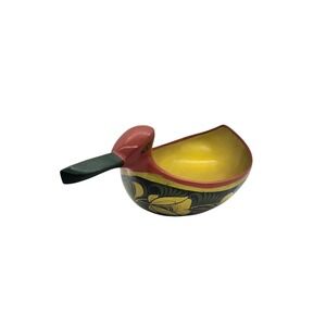 Vintage Khokhloma Russian Wood Bird Bowl Hand Painted USSR Folk Art Black Gold